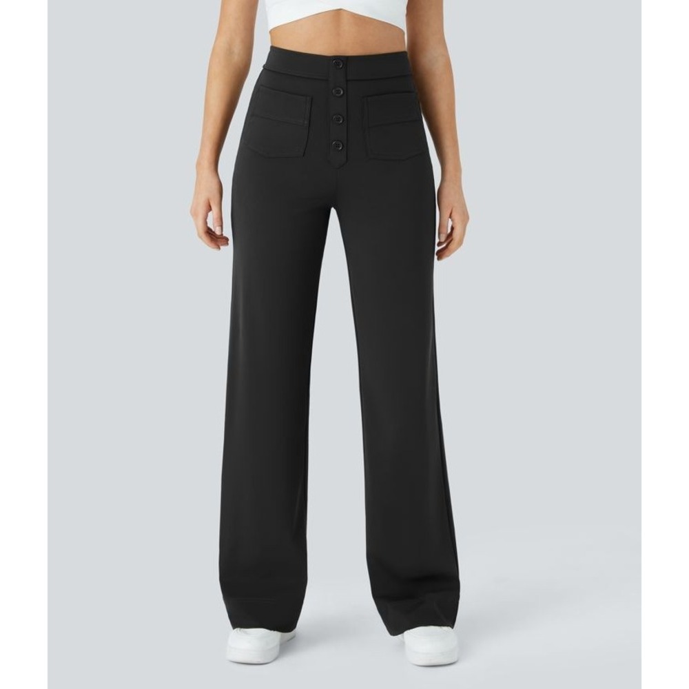 Halara Pant Size L Black High Waisted Button Front Wide Leg Stretch